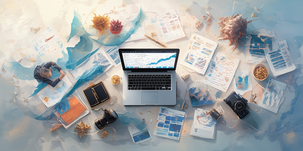 A LAPTOP AND FILES SCATTERED AROUND